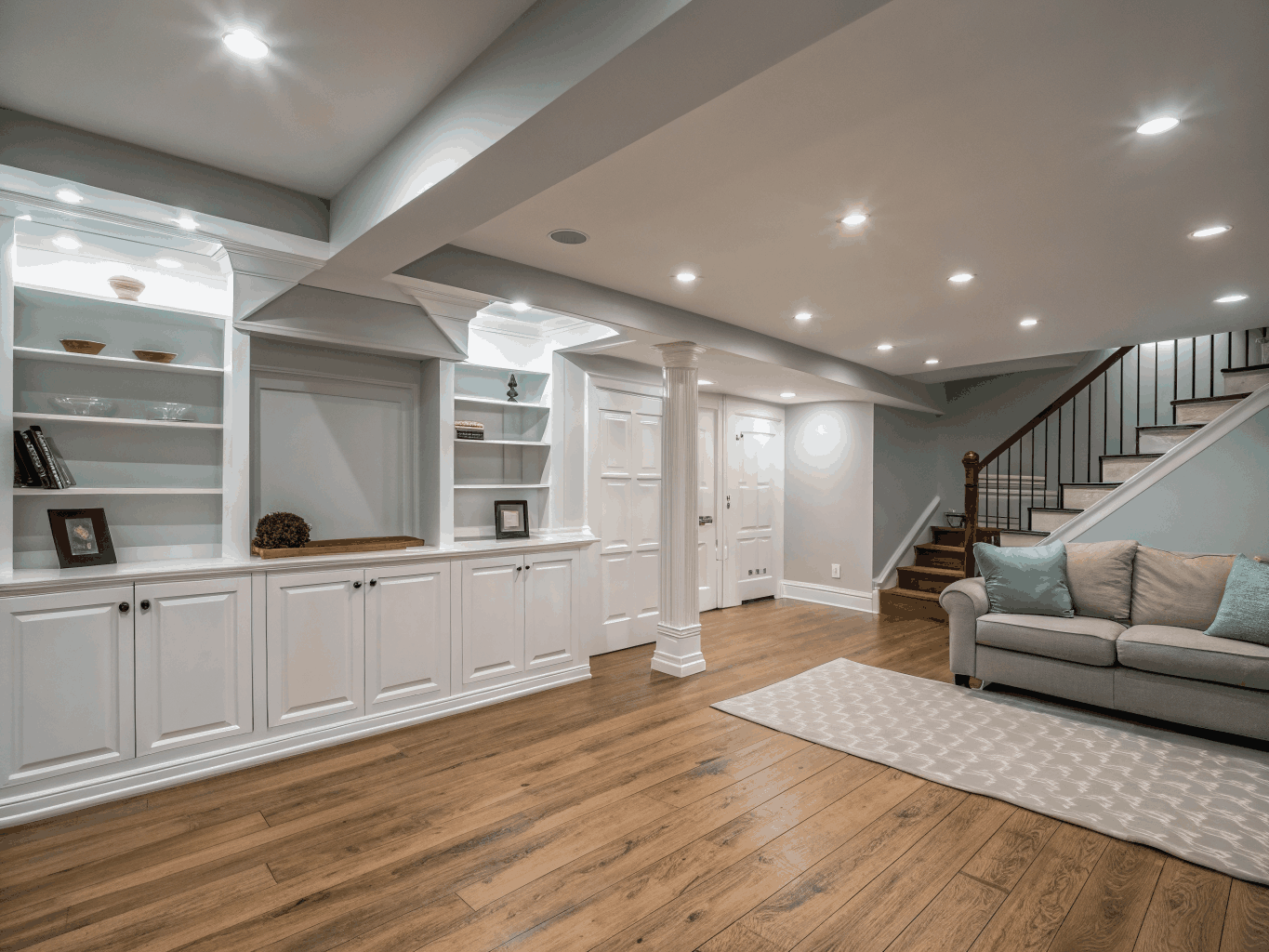 Finished basement conversion with recessed lighting