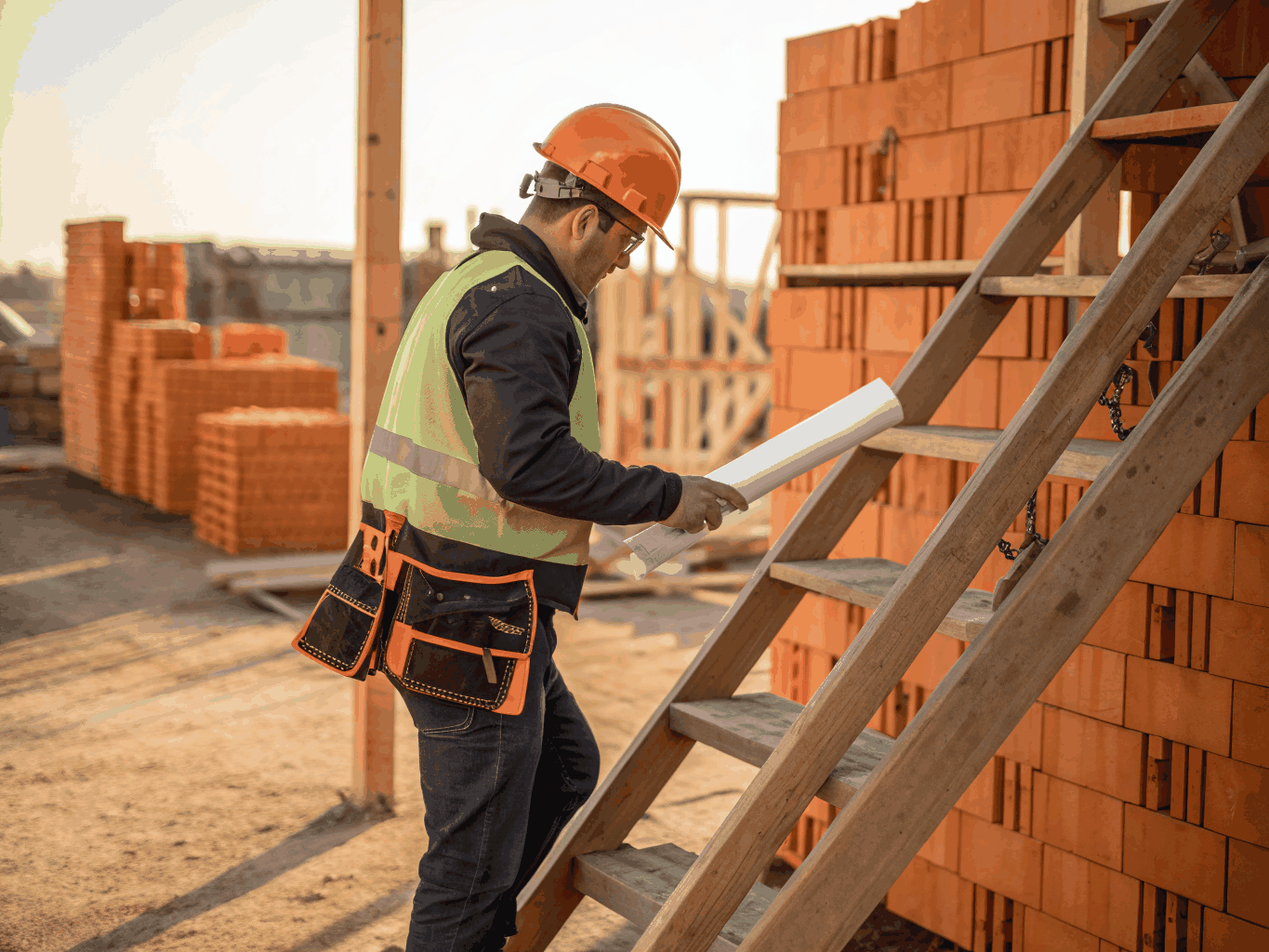 Licensed contractor reviewing blueprints on site