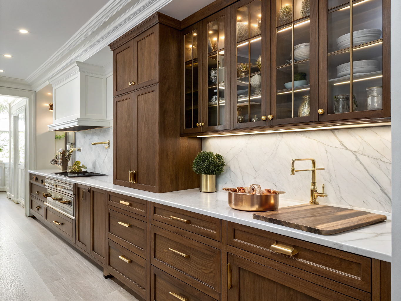 Detailed view of custom cabinetry and stone countertops