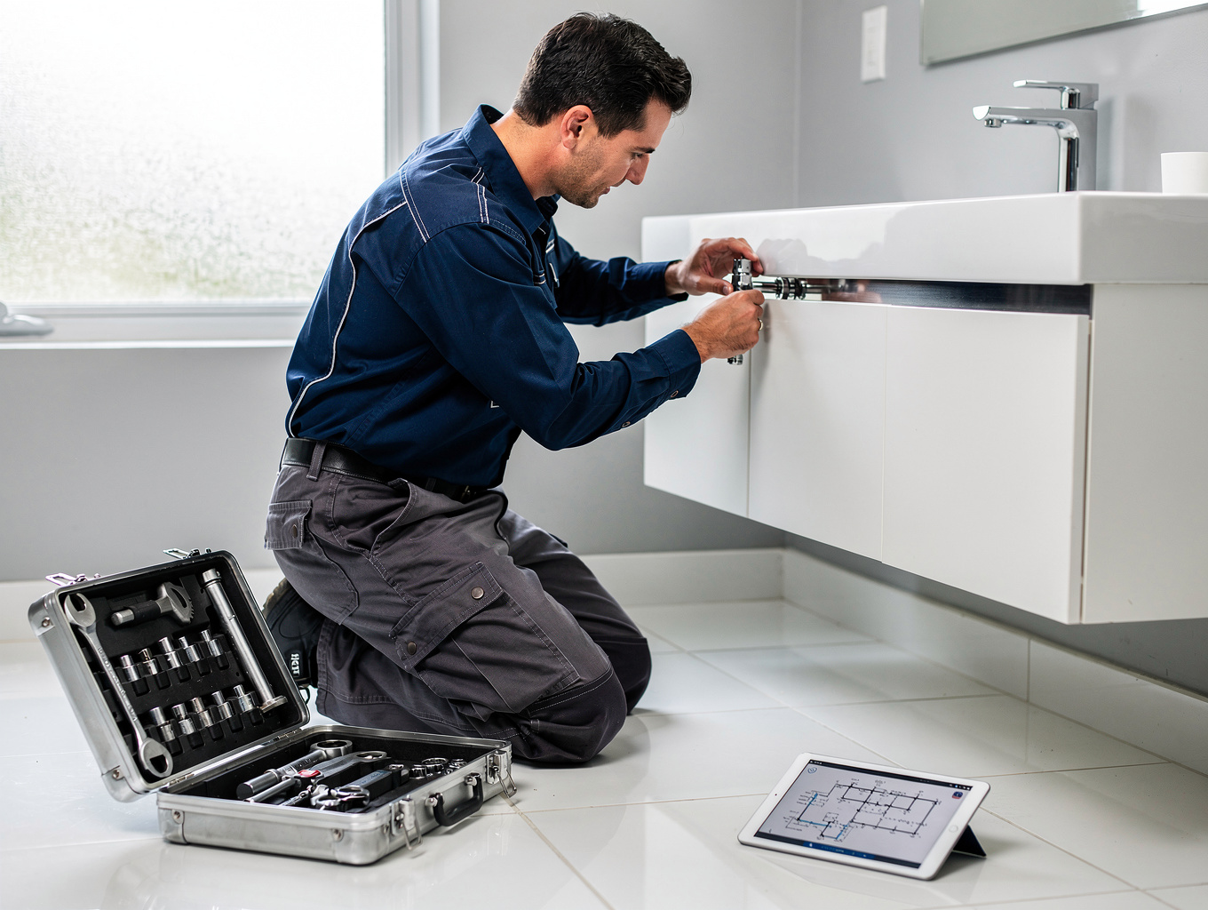 Professional plumbing installation for a new bathroom