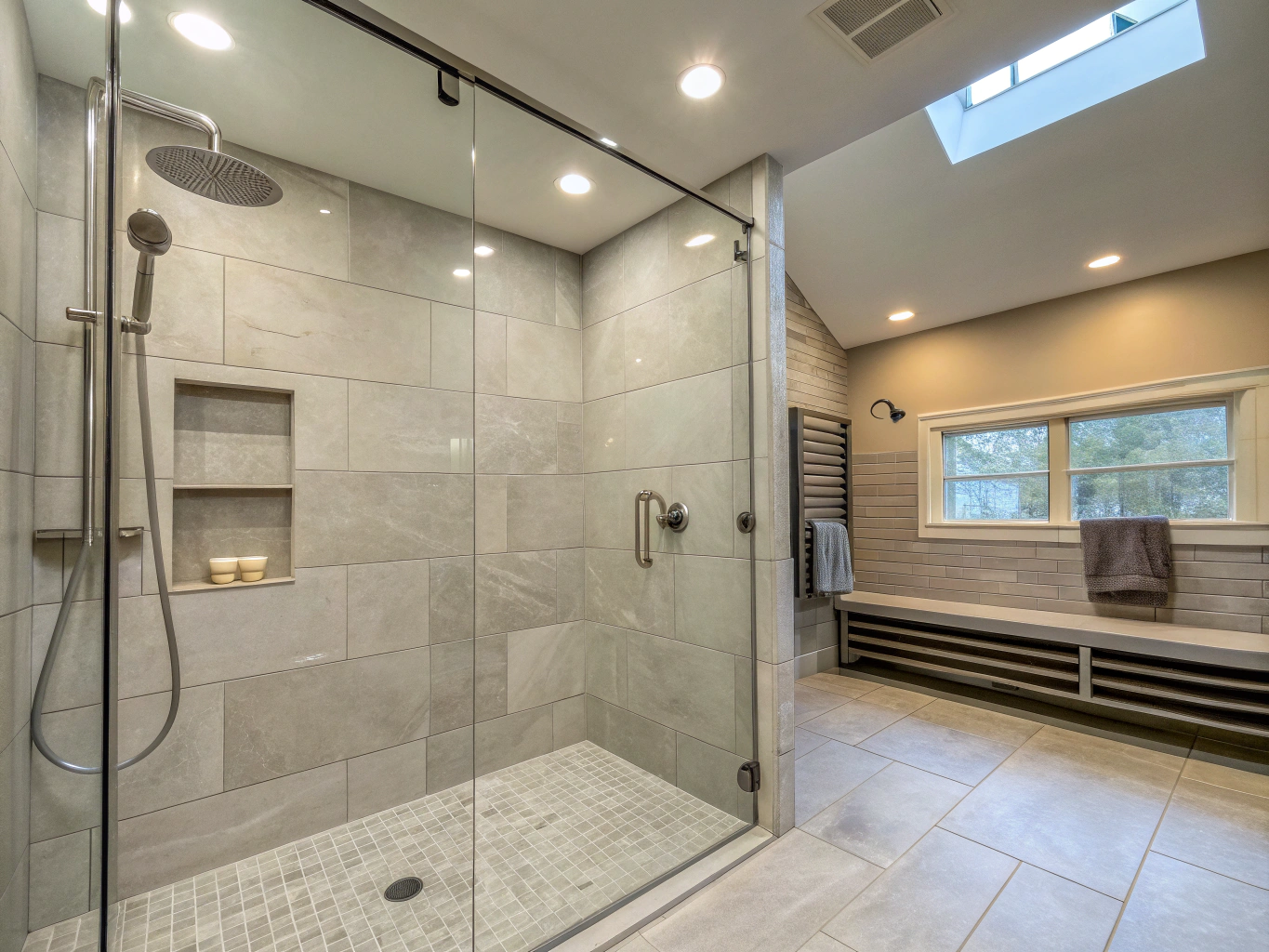 Modern walk-in shower with custom tile work