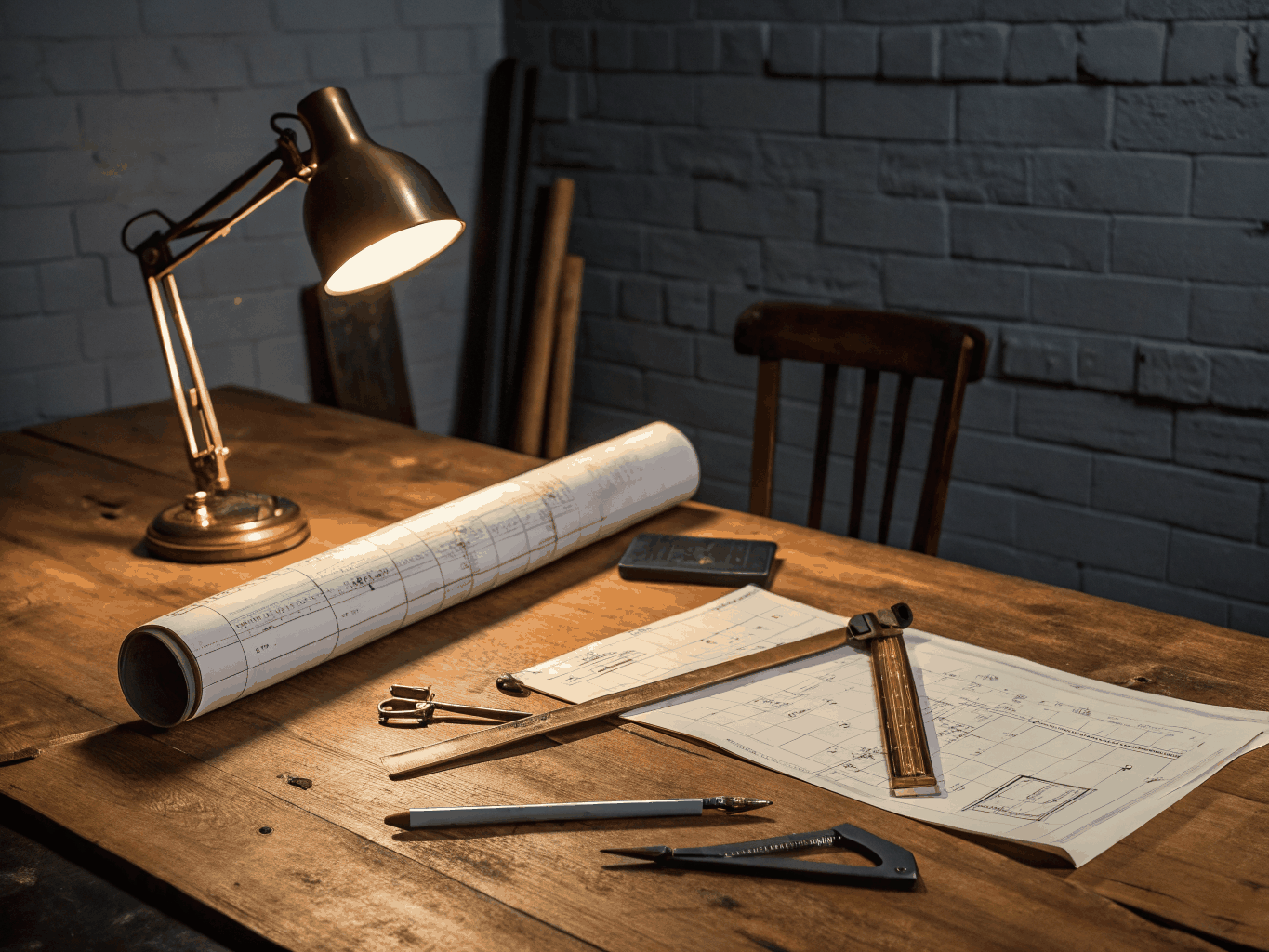 Technical drafting tools and blueprints on a dark wooden workbench